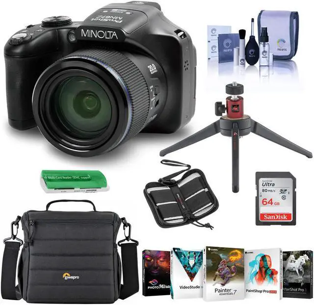 Main image of Minolta MN67Z 20MP FHD Wi-Fi Bridge Camera with 67x Optical Zoom, Black - Bundle With Camera Case, 64GB SDHC Memory Card, Table Top Tripod, Memory Wallet, Cleaning Kit, Card Reader, Software Package