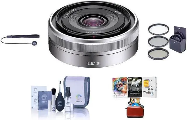 Main image of Sony E 16mm f/2.8 Lens, Bundle with ProOptic 49mm Filter Kit, Cleaning Kit, Lens Cap Tether, Mac Software Kit