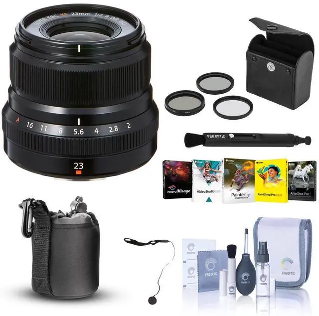 Main image of Fujifilm XF 23mm (35mm) F/2R WR Lens, Black - Bundle With 43mm Filter Kit, Lens Case, Cleaning Kit, Capleash, Lens Cleaner, Pc Sofrtware Package