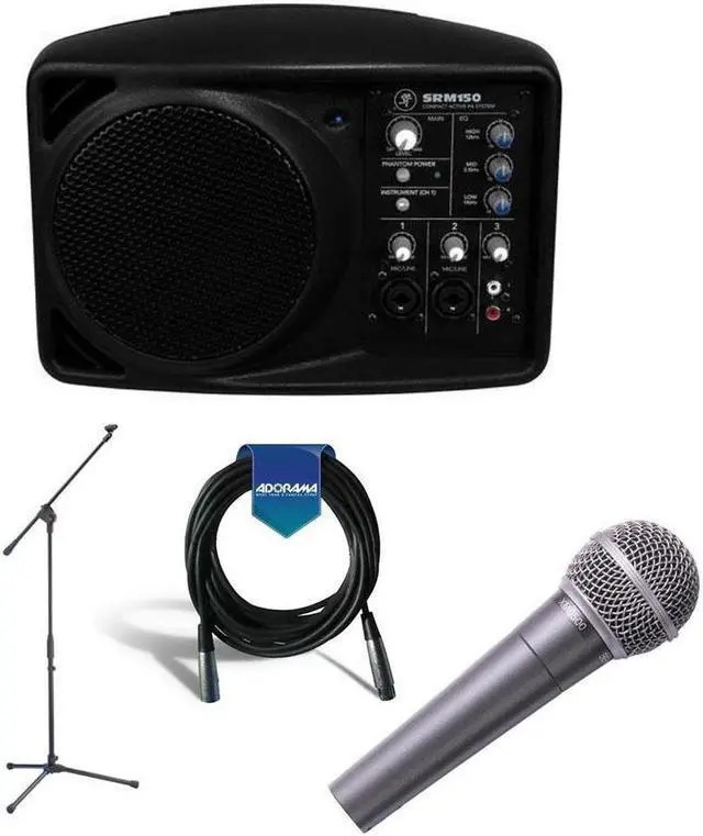 Main image of Mackie 5.25in Compact Powered PA System, 150W, 8 Ohms Impedance - Bundle With Behringer ULTRAVOICE XM8500 Cardioid Vocal Microphone, Samson MK10 Lightweight Boom Mic Stand, 20' XLR Microphone Cable