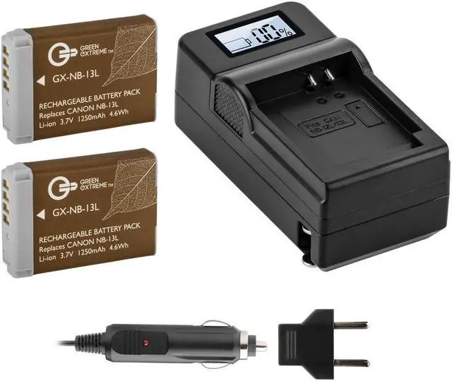 Main image of Green Extreme 2 Pack NB-13L Batteries and Compact Charger (3.7V 1250mAh)