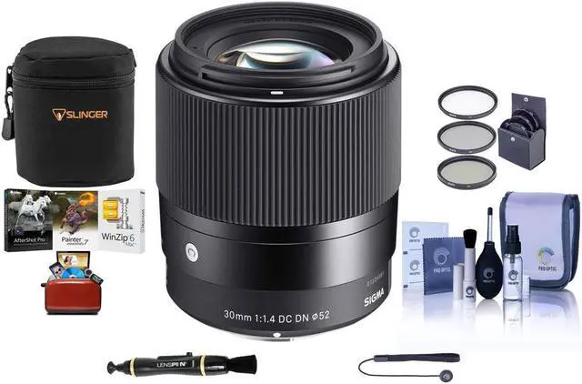 Main image of Sigma 30mm f/1.4 DC DN Contemporary Lens for Canon EF-M, Bundle with ProOptic 52mm Filter Kit, Lens Cleaner, Lens Pouch, Cleaning Kit, Cap Keeper, Mac Software Kit