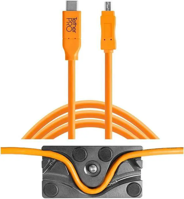 Main image of Tether Tools TetherBLOCK MC Multi Cable Mounting Plate with TetherPro 15' USB-C to Mini-USB 2.0 Type-B 8-Pin Cable, Orange