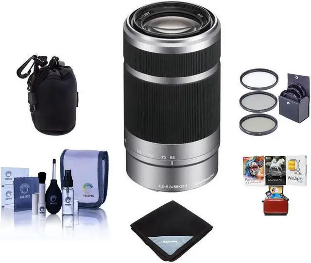Main image of Sony E 55-210mm f/4.5-6.3 OSS E-Mount Lens, Silver/Black - Bundle With 49mm Filter Kit (UV/CPL/ND2) - Soft Lens Case - Lens Wrap (15x15) - Cleaning Kit - Mac Software Package