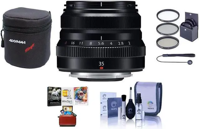 Main image of Fujifilm XF 35mm f/2 R WR Lens, Black, Bundle with 43mm Filter Kit, Lens Case, Cleaning Kit, Lens Cap Tether, Mac Software Kit