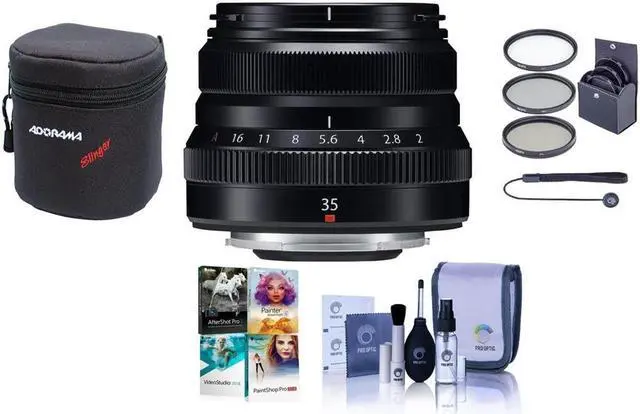 Main image of Fujifilm XF 35mm f/2 R WR Lens, Black, Bundle with 43mm Filter Kit, Lens Case, Cleaning Kit, Lens Cap Tether, PC Software Kit