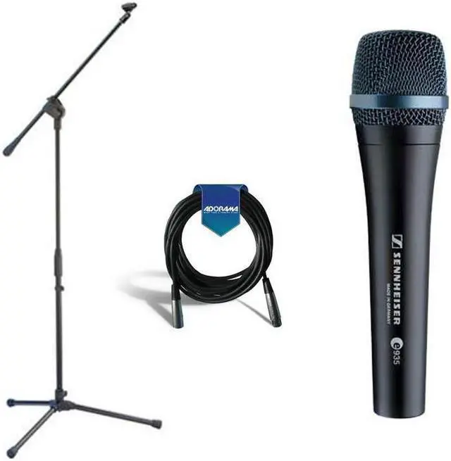 Main image of Sennheiser e 935 Wired Professional Cardioid Dynamic Handheld Vocal Microphone with Clip - Bundle With Samson MK10 Lightweight Boom Mic Stand, 20' Heavy Duty 7mm Rubber XLR Microphone Cable