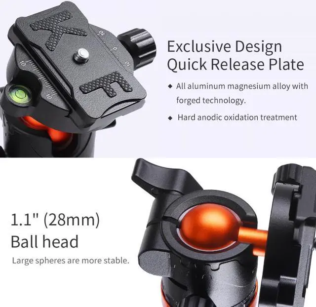 Alt view image 4 of 7 - K&F Concept 4-Section Aluminum Tripod Monopod with Center Axle Transverse, Black/Orange