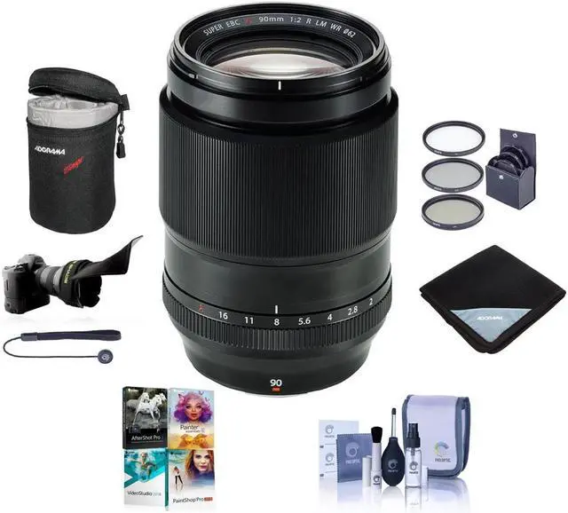 Main image of Fujifilm XF 90mm f/2 R LM WR Lens, Bundle with 62mm Filter Kit, Flex Lens Shade, Lens Wrap, Lens Case, Cleaning Kit, Lens Cap Tether, PC Software Kit