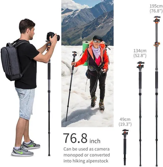 Alt view image 3 of 7 - K&F Concept 4-Section Aluminum Tripod Monopod with Center Axle Transverse, Black/Orange