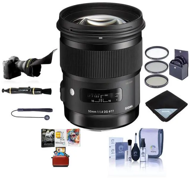 Main image of Sigma 50mm f/1.4 DG HSM Art Lens for Nikon Cameras- Bundle with 77mm Filter Kit, FlexLens Shade, Lens Wrap (19x19), Cleaning Kit, Cap Leash, LensPen Lens Cleaner, Mac Software Package