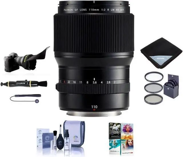 Main image of Fujifilm GF 110mm f/2 R LM WR Lens, Bundle with ProOptic 77mm Filter Kit, Flex Lens Shade, Lens Wrap, LensPen Cleaner, Lens Cap Tether, Cleaning Kit, PC Software Kit