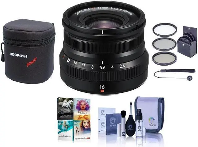 Main image of Fujifilm XF 16mm f/2.8 R WR Lens, Black, Bundle with ProOptic 49mm Filter Kit, Lens Case, Cleaning Kit, Lens Cap Tether, PC Software Kit