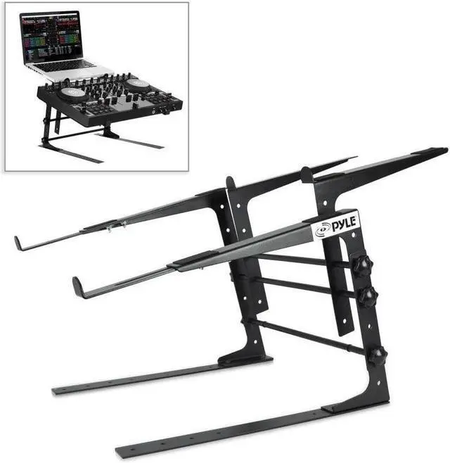 Alt view image 2 of 11 - pyle portable dual laptop stand  universal standing table with adjustable height, ergonomic design & antislip prongs for dj mixer, sound equipment, workstation, gaming & home use  plpts38