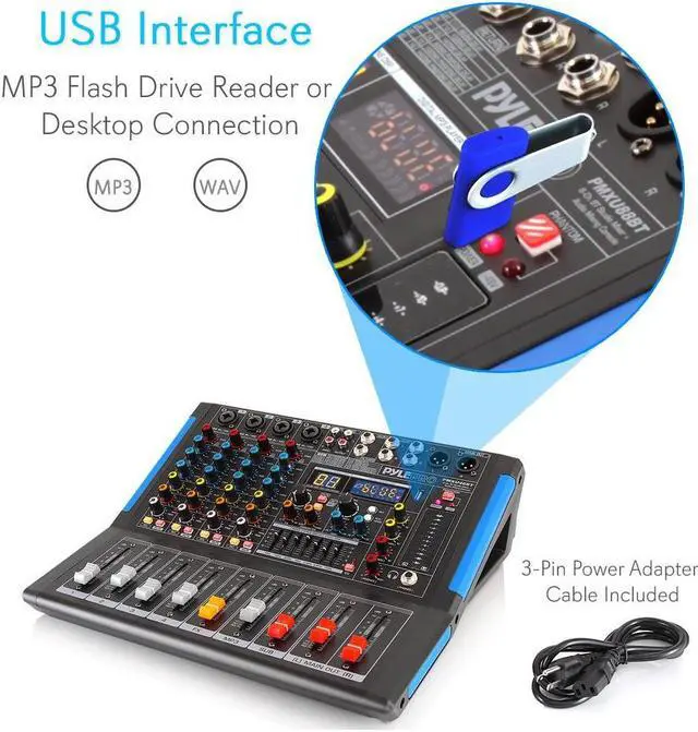 Alt view image 5 of 20 - 4channel bluetooth studio audio mixer  dj sound controller interface with usb drive for pc recording input, xlr microphone jack, 48v power, input/output for professional and beginners  pmxu46bt