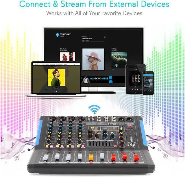 Alt view image 6 of 20 - 4channel bluetooth studio audio mixer  dj sound controller interface with usb drive for pc recording input, xlr microphone jack, 48v power, input/output for professional and beginners  pmxu46bt