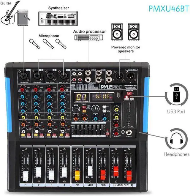 Alt view image 3 of 20 - 4channel bluetooth studio audio mixer  dj sound controller interface with usb drive for pc recording input, xlr microphone jack, 48v power, input/output for professional and beginners  pmxu46bt
