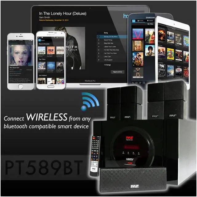 Alt view image 7 of 12 - 5.1 channel home theater speaker system  300w bluetooth surround sound audio stereo power receiver box set w/ builtin subwoofer, 5 speakers, remote, fm radio, rca  pyle pt589bt