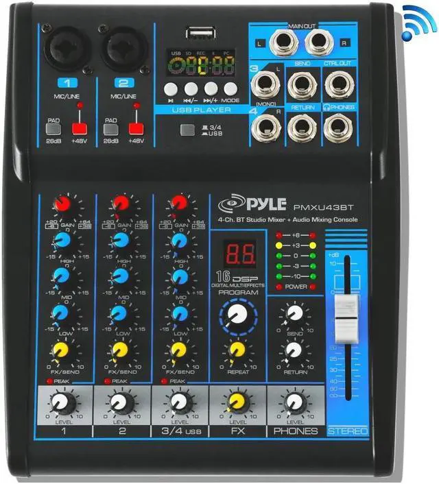 Alt view image 3 of 13 - Pyle Professional Audio Mixer Sound Board Console System Interface 4 Channel Digital USB Bluetooth MP3 Computer Input 48V Phantom Power Stereo DJ Studio Streaming FX 16-Bit DSP processor - (PMXU43BT)