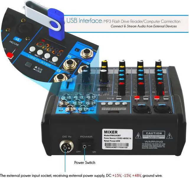 Alt view image 5 of 13 - Pyle Professional Audio Mixer Sound Board Console System Interface 4 Channel Digital USB Bluetooth MP3 Computer Input 48V Phantom Power Stereo DJ Studio Streaming FX 16-Bit DSP processor - (PMXU43BT)