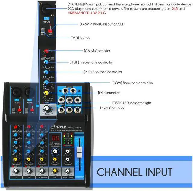 Alt view image 7 of 13 - Pyle Professional Audio Mixer Sound Board Console System Interface 4 Channel Digital USB Bluetooth MP3 Computer Input 48V Phantom Power Stereo DJ Studio Streaming FX 16-Bit DSP processor - (PMXU43BT)
