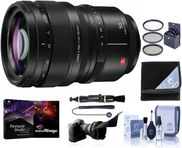Main image of Panasonic LUMIX S PRO 50mm f/1.4 Lens for L Mount, Bundle with 77mm Filter Kit, Flex Lens Shade, Lens Cleaner, Lens Wrap, Cap Tether, Cleaning Kit, PC Software Kit