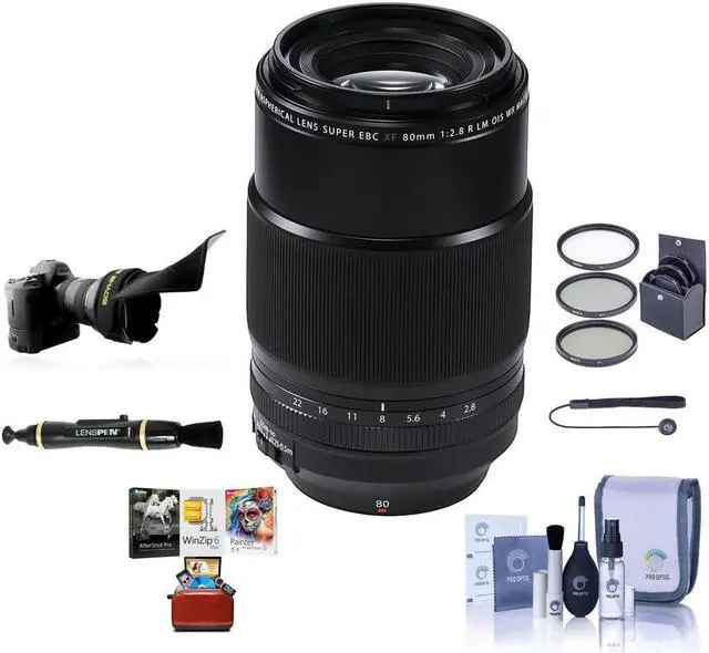 Main image of Fujifilm XF 80mm f/2.8 R LM OIS WR Macro Lens, Black, Bundle with 62mm Filter Kit, Flex Lens Shade, Lens Cleaner, Cleaning Kit, Lens Cap Tether, Mac Software Kit