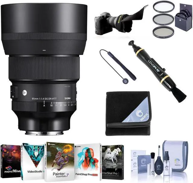 Main image of Sigma 85mm f/1.4 DG DN ART Lens for Sony E, Bundle with ProOptic 77mm Filter Kit, PC Software Kit, Cleaning Kit, Lens Wrap, Flex Lens Shade, Lens Cap Tether, Lens Cleaner