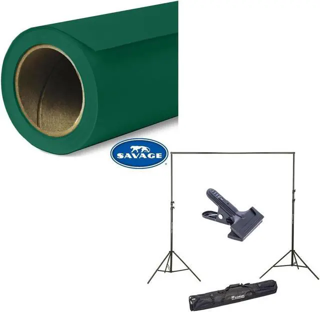 Main image of Savage Widetone Seamless Background Paper, 86" wide x 36' Evergreen, #18 - Bundle With Flashpoint 10' Background Support System Air Cushioned, Flashpoint Clip Clamp with 2" Jaw