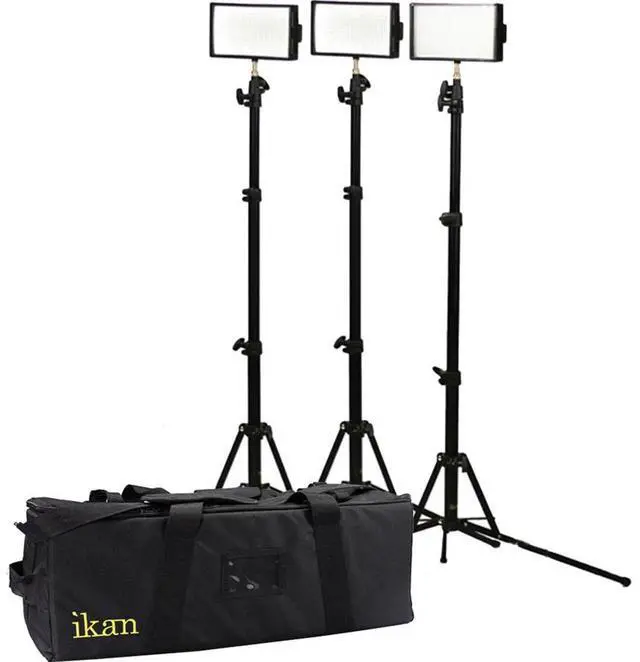Main image of Ikan iLED312-v2 3-Point Light Kit, Includes (3) iLED312-v2 Lights with Stands, AC Adapters, Batteries, Chargers & Carrying Case