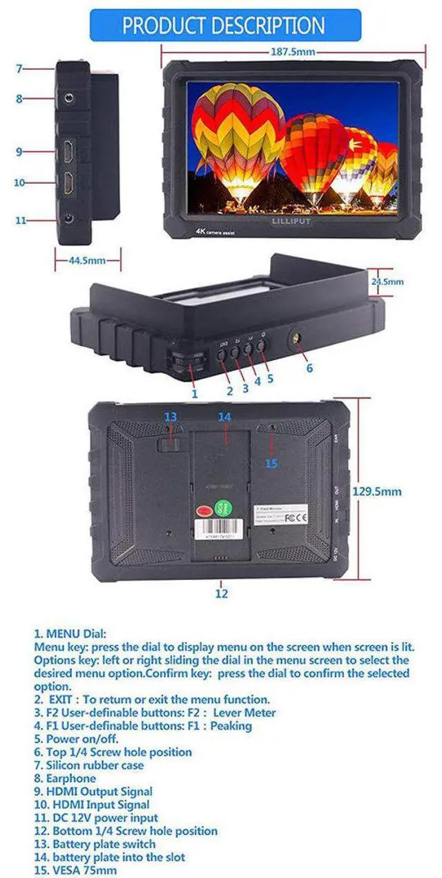 Alt view image 5 of 6 - Lilliput A7S 7" Full HD HDMI Field LED Monitor with 4K Support & Built-In Speaker