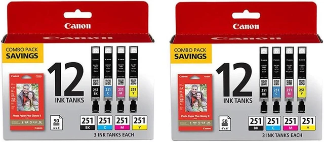Main image of Canon 2x CLI-251 12 Ink Combo Pack with Canon Photo Paper Plus Glossy 4x6" 50 Sheets for MG5620, MG6620, MG7520 PIXMA Series Printers