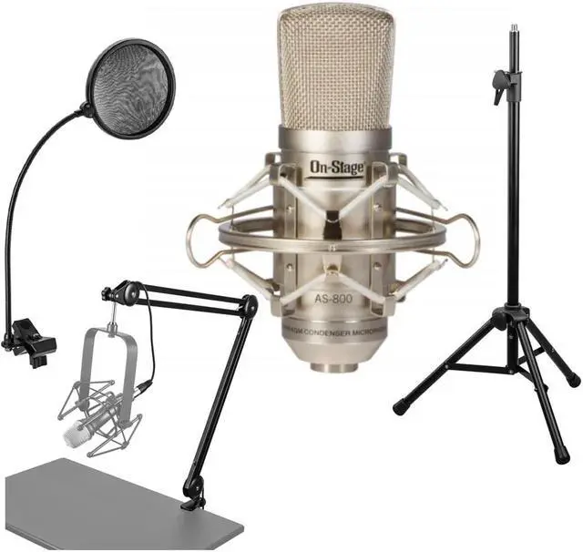 Main image of On-Stage AS800 Large-Diaphragm FET Condenser Microphone - Bundle With H&A Reflection Filter Tripod Mic Stand, H&A Broadcast Arm with Internal Springs and XLR Cable, H&A Pop Filter with Gooseneck
