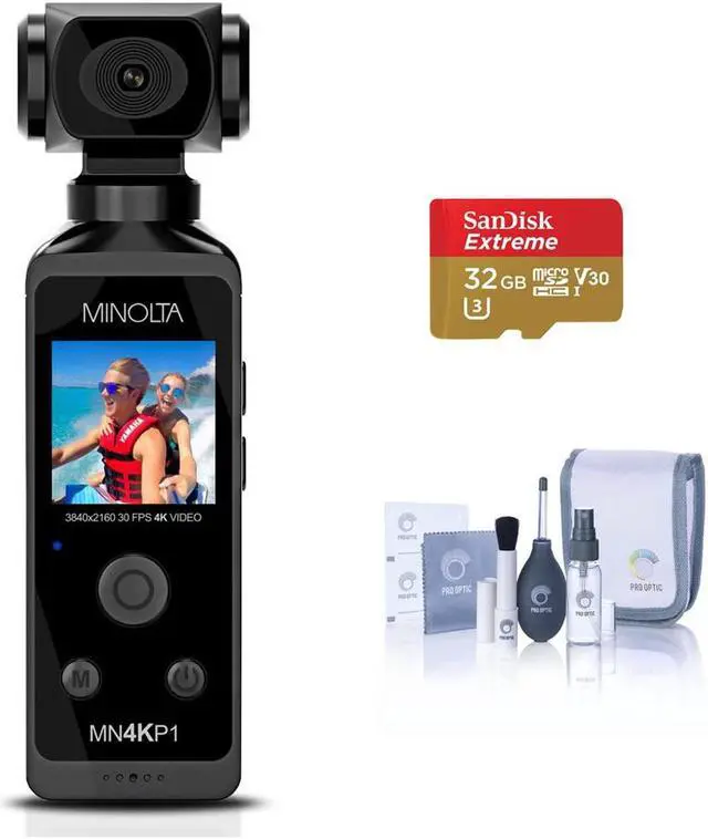 Main image of Minolta MN4KP1 4K Ultra HD Wi-Fi Enabled Pocket Camcorder, Black Bundle with 32GB microSD Card, Cleaning Kit