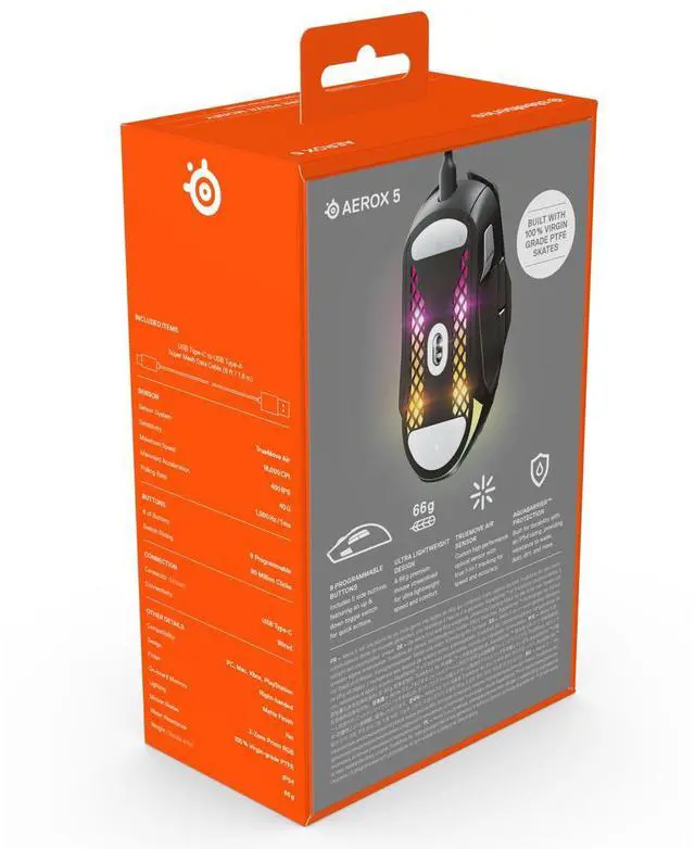 Alt view image 16 of 17 - SteelSeries Aerox 5 Lightweight 1800CPI Wired RGB Gaming Mouse