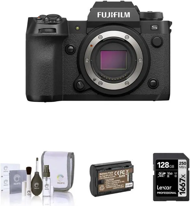 Main image of Fujifilm X-H2S Mirrorless Digital Camera Body, Black Bundle with 128GB SD Memory Card, Extra Battery, Cleaning Kit