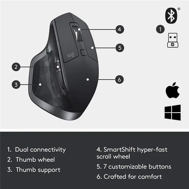 Alt view image 20 of 20 - Logitech MX Master 2S 7 Buttons Wireless 2.4 GHz Laser Mouse Graphite