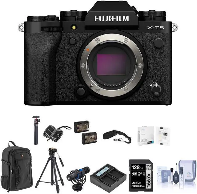 Main image of Fujifilm X-T5 Mirrorless Digital Camera Body, Black Bundle with 128GB SD Card, Backpack, 2x Battery, Charger, Strap, Aluminum Tripod, Mic, Octupus Tripod, Screen Protector, SD Card Case, Cleaning Kit