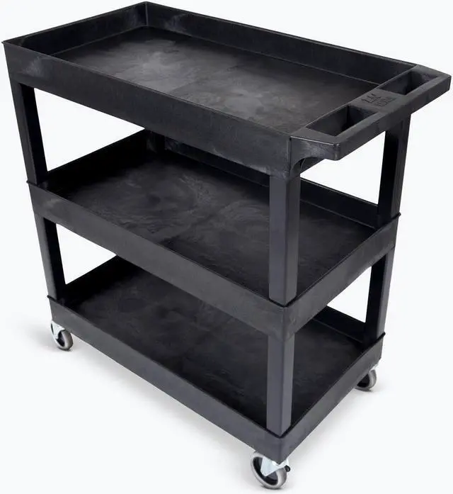 Alt view image 19 of 20 - Luxor Mobile Home Office Kitchen Service Push Handle High Capacity 18"D x 32"W Tub Utility Storage Cart 3 Shelves Black