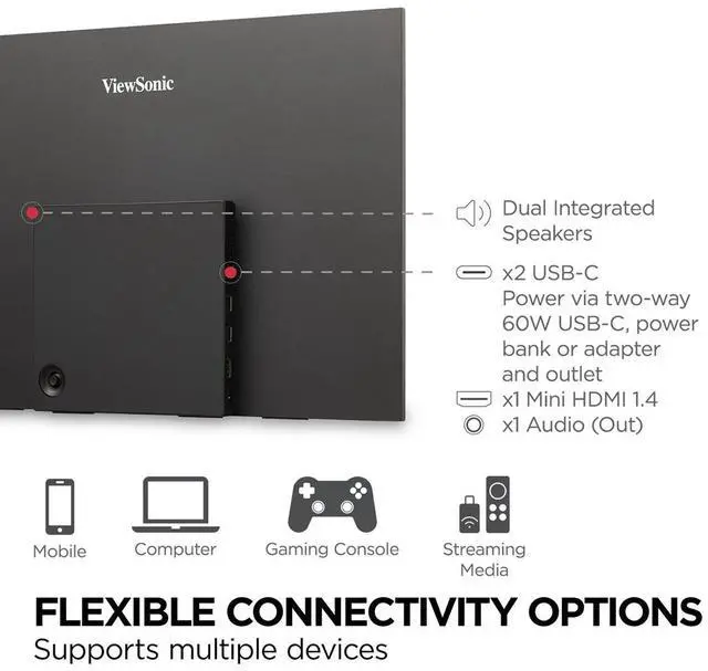 Alt view image 20 of 20 - ViewSonic VX1655 15.6 Inch 1080p FHD Portable LED Monitor with 2 Way Powered 60W USB C, Mini HDMI, IPS, Dual Speakers, and Built in Stand with Tripod mount