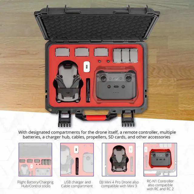 Alt view image 3 of 7 - Aries Waterproof Hard Shell Carrying Case for DJI Mini 4 Pro Drone, Black