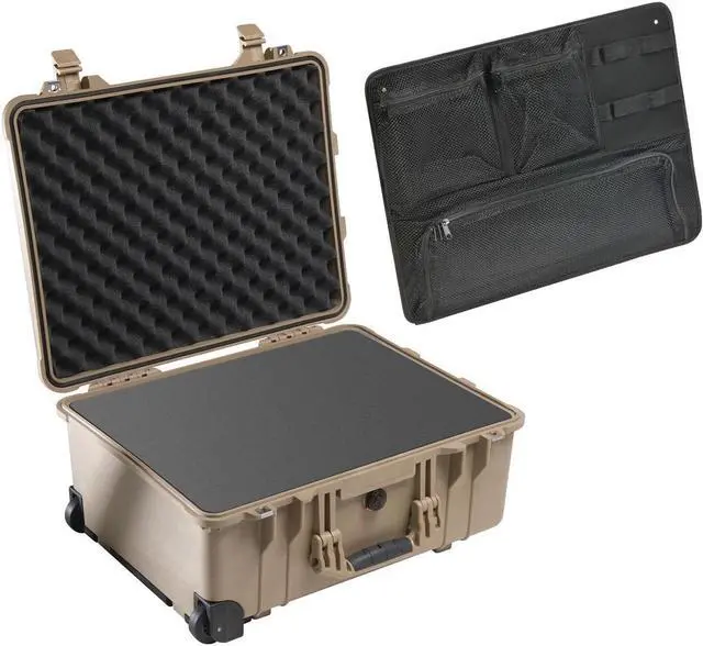 Main image of Pelican 1560 Watertight Wheeled Hard Case with Foam, Tan, w/PC1569 Lid Organizer