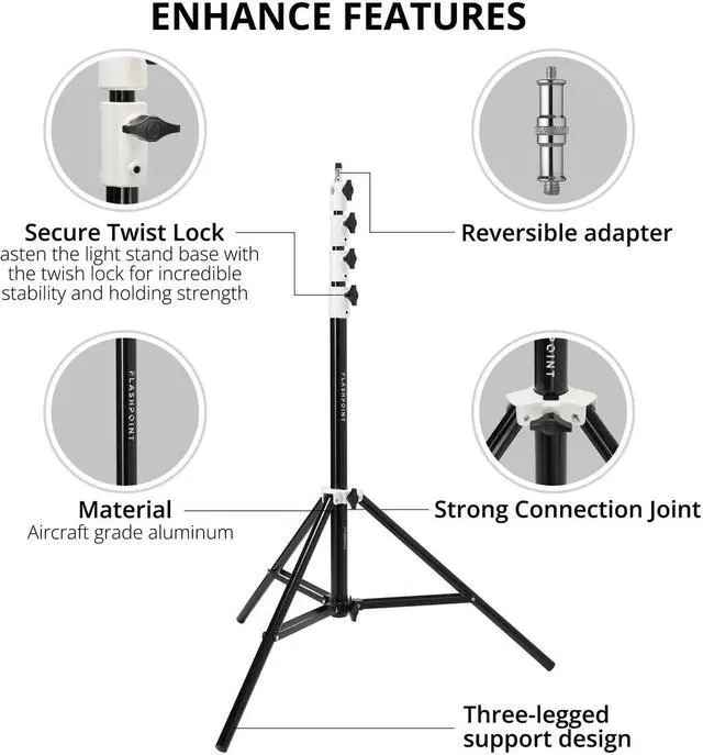 Alt view image 2 of 7 - Flashpoint Pro Air-Cushioned Heavy-Duty Light Stand (White, 9.5') #FP-S-9-WH-V2