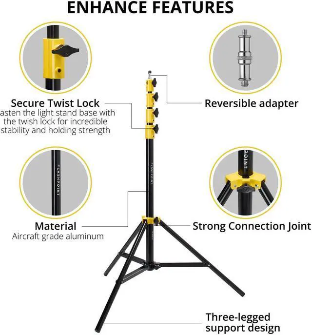 Alt view image 2 of 7 - Flashpoint Pro Air-Cushioned Heavy-Duty Light Stand (Yellow, 9.5') #FP-S-9-YL-V2