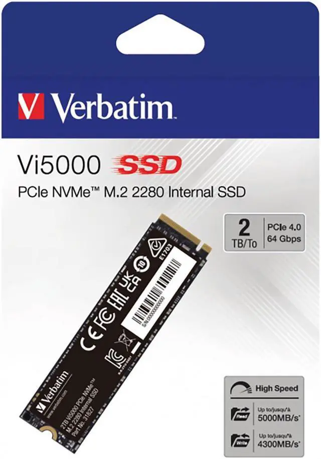 Alt view image 2 of 13 - Verbatim 2TB SSD Vi5000 Internal Solid State Hard Drive PCIe NVMe M.2 2282