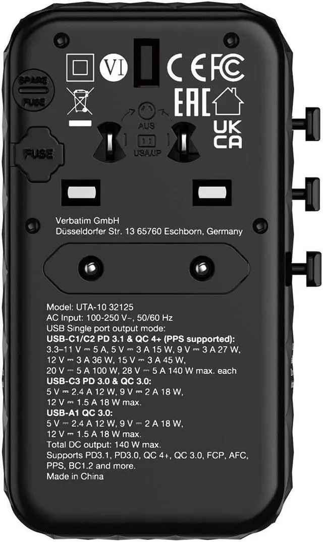 Alt view image 3 of 7 - Verbatim UTA-10 GaN III 140W Universal Travel Adapter #32125