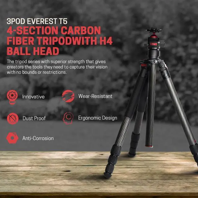 Alt view image 4 of 7 - 3Pod Everest T5 4-Section Carbon Fiber Tripod with H4 Ball Head and Arca-Type Quick Release