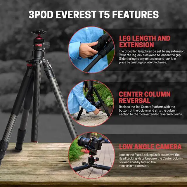 Alt view image 7 of 7 - 3Pod Everest T5 4-Section Carbon Fiber Tripod with H4 Ball Head and Arca-Type Quick Release