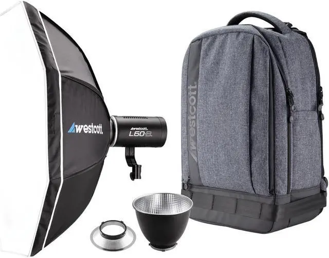 Alt view image 2 of 8 - Westcott L60-B Bi-Color COB LED 1-Light Backpack Kit with Rapid Box Octa-S  Ultra Reflector  9 FX Modes  97+ CRI  98+ TLC  15 000 Lux at 1meter for Photography & Video Lighting