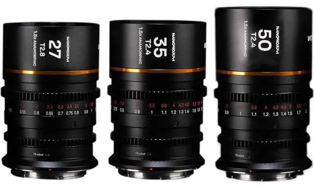 Main image of Venus Laowa Nanomorph S35 Prime 3-Lens Bundle with 35mm, 50mm T2.4 and 27mm T2.8 Anamorphic Lens for DJI DL, Amber Flare